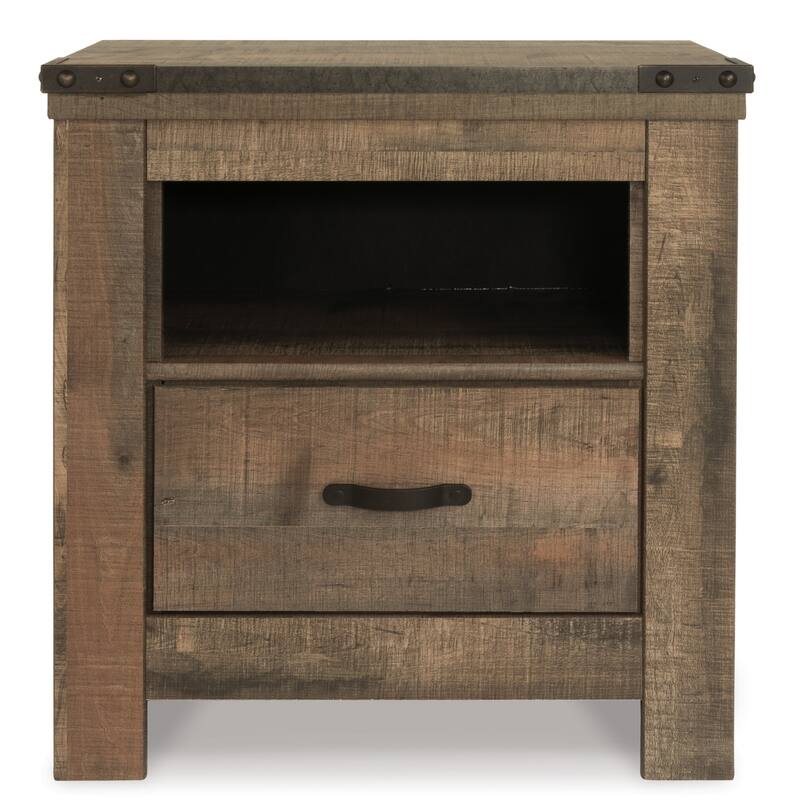 Zoey Nightstand w Drawer and Shelf, USB, Rustic Brown Plank Details