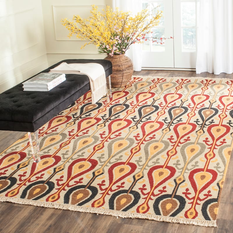 SAFAVIEH Couture Handmade Sumak Flatweave Sijke Traditional Oriental Wool - 9' x 12' - Ivory/Multi