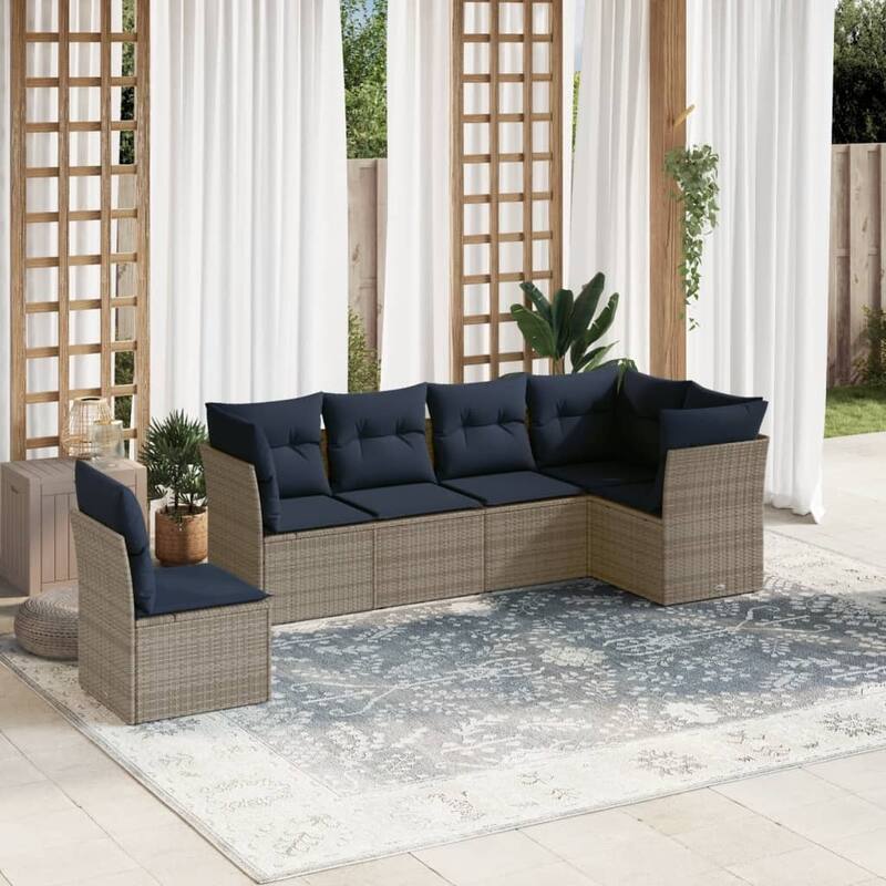 vidaXL 6/7 Piece Patio Sofa Set with Cushions Brown/Gray Poly Rattan - 21.7 x 24.4 x 27.2 - Beige and gray Without table