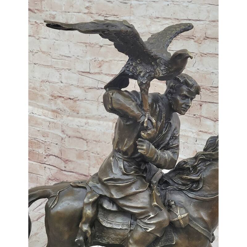 Horse Mounted Khazak Eagle Falcon Hunter Trained Bird Bronze Statue Sculpture Figure 21 Inches X 21 Inches