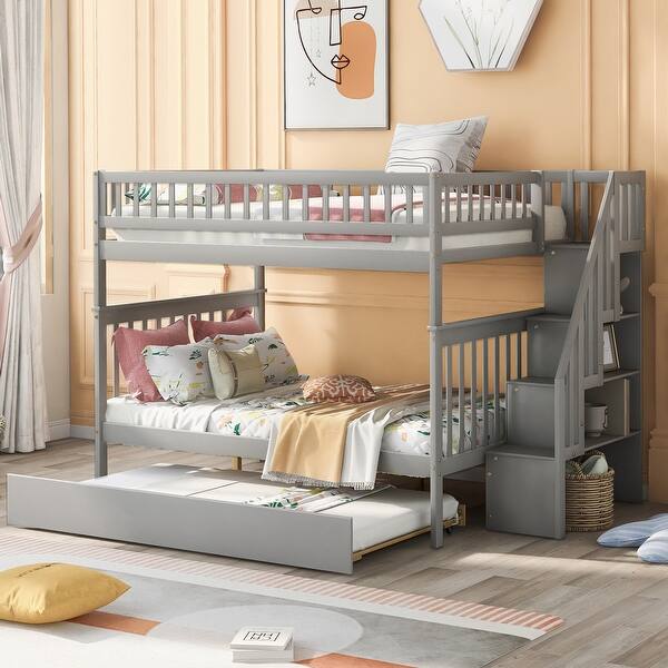 slide 2 of 28, Full Pine Bunk Bed with Trundle and Storage Staircase, Convertible to Two Beds Gray