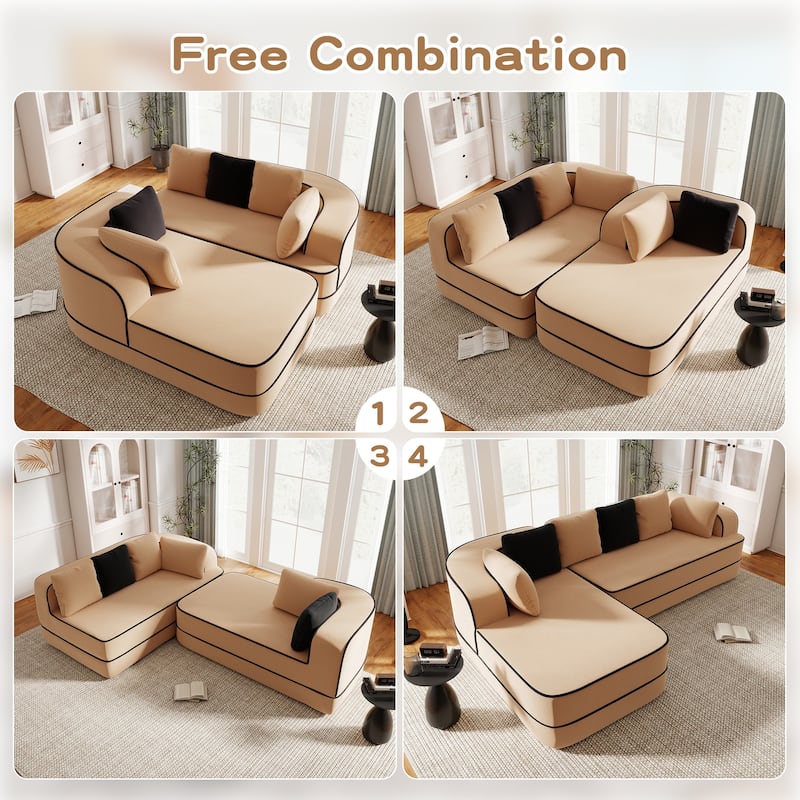 Roomfitters No Assembly Modular Sofa, 106 Inch Teddy Fabric Floor Couch with Chaise, Camel
