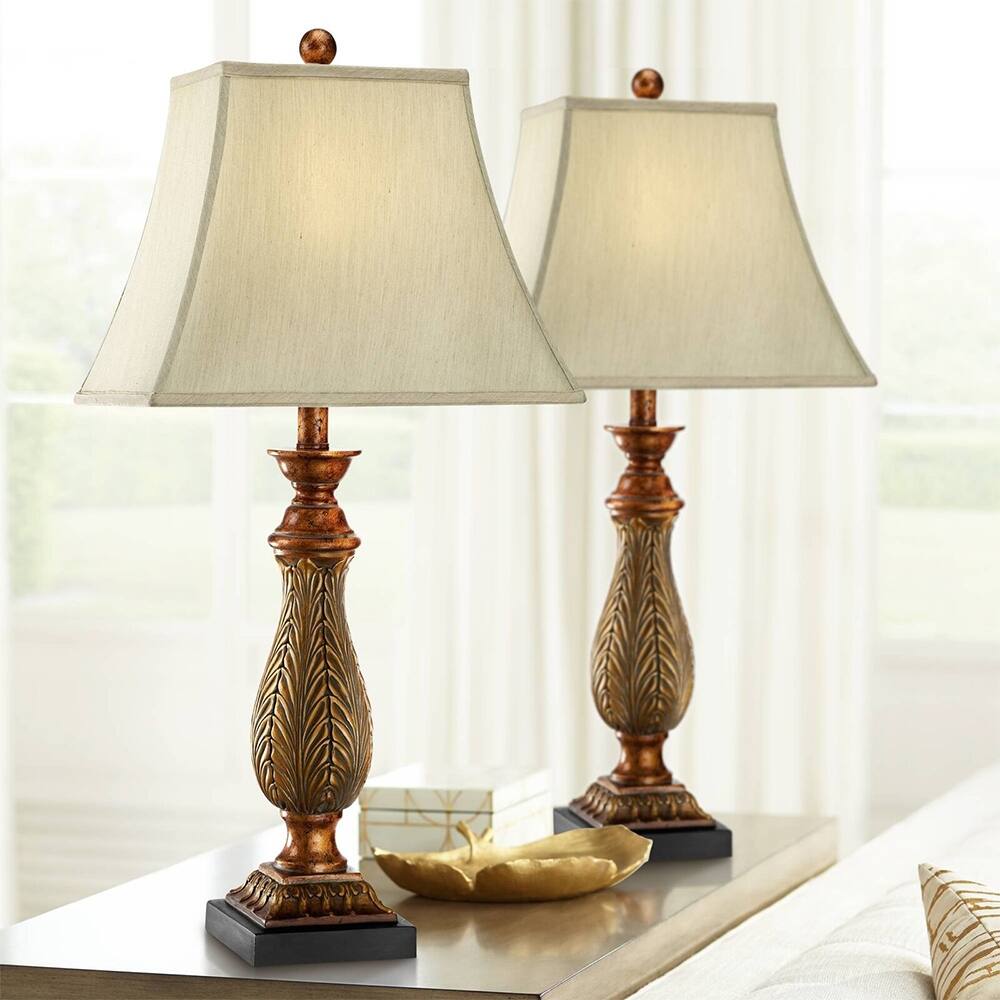 Traditional Table Lamps Set of 2 Gold Leaf Detail Living Room Bedroom