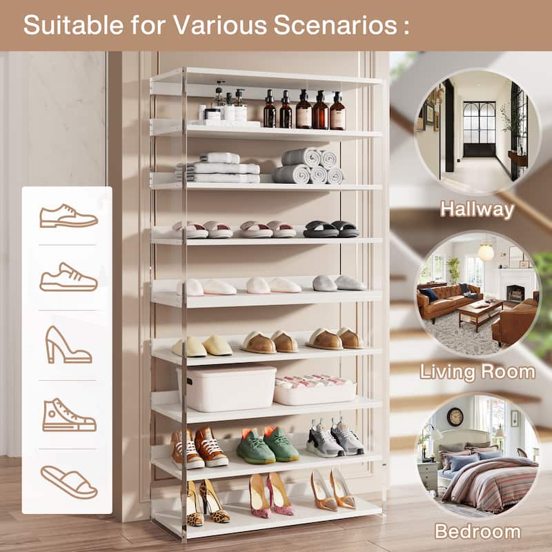 8-Tier Acrylic Shoe Rack, Modern Shoe Storage with Wood Shelves