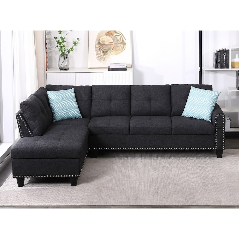 Modern Built-in Cup-holders Console Linen Sectional Sofa with 2 Pillows - Charcoal Grey