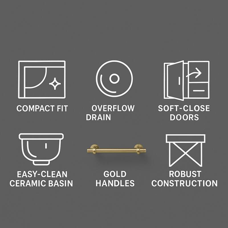 30" Ceramic Sink Bathroom Vanity with Gold Handles, Soft-Close Storage & Space-Saving Design