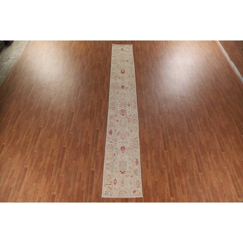 Hand Knotted Oriental 100% Wool Carpet Transitional All-Over Beige & Ivories Oushak Runner Rug - 17' 7'' X 2' 5''