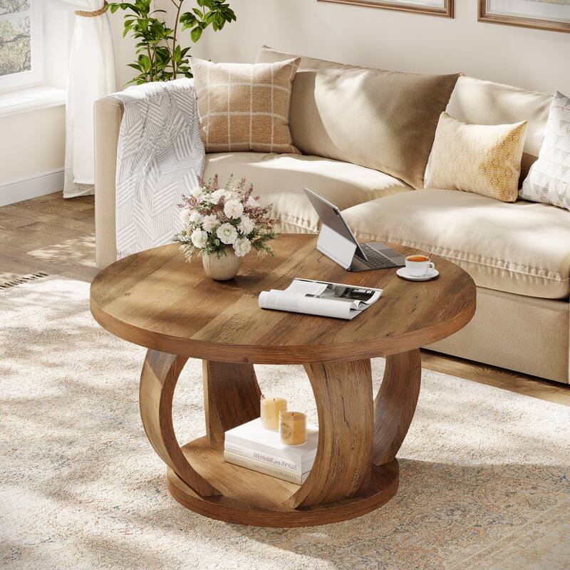 Round Coffee Table, 2-Tier Coffee Table with Storage, Wooden Center Table for Living Room, Apartment, Small Space - Brown