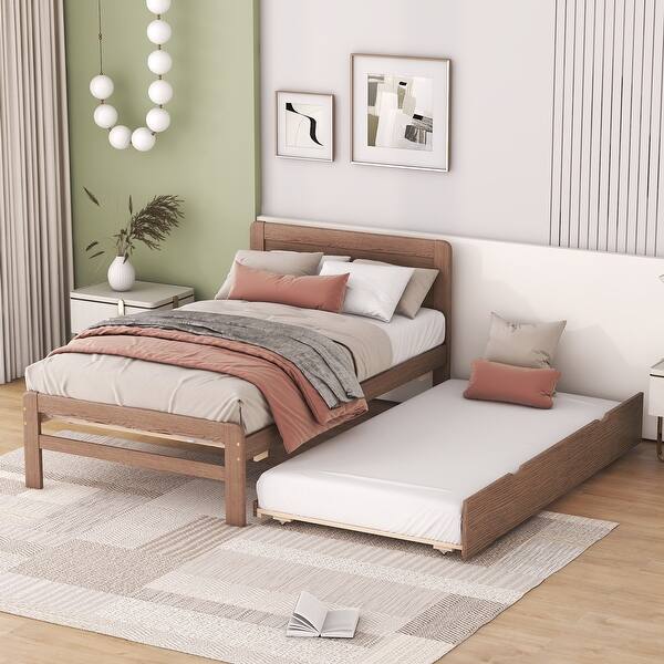slide 2 of 9, Twin Size Walnut Finish Wood Platform Trundle Bed Walnut - Twin