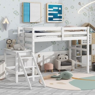 White Twin Size Loft Bed with Platform and Ladder