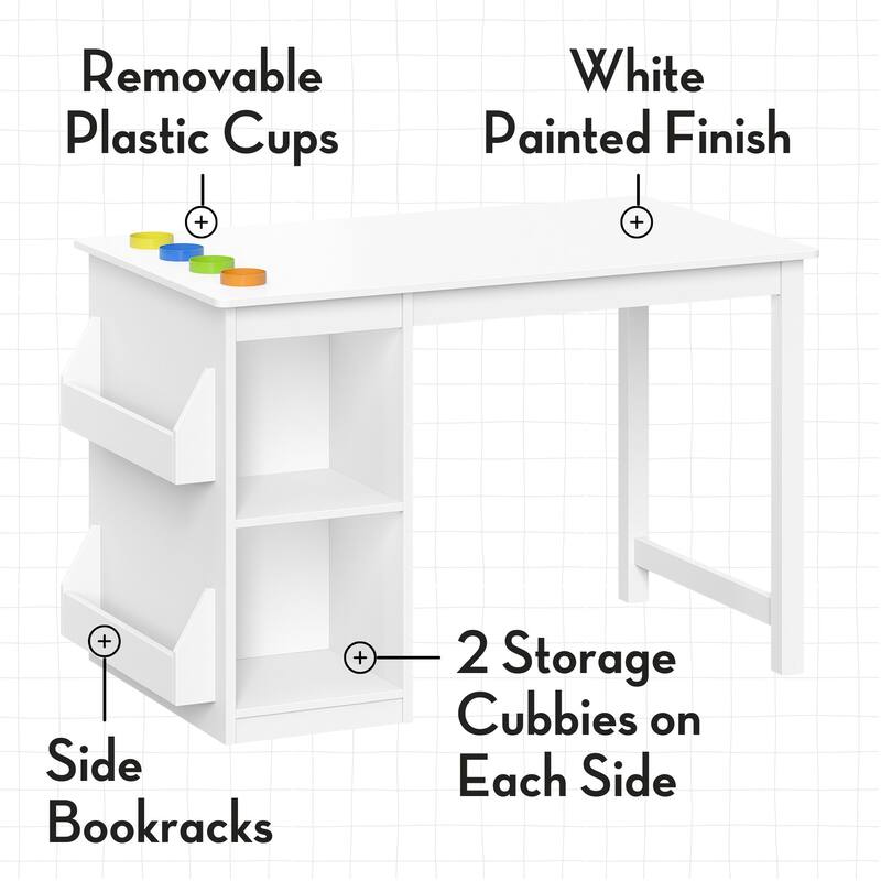 RiverRidge Kids Playroom Art Activity Table with 2 Cubbies and 2 Bookracks - White with 2 Gray Fabric Bins