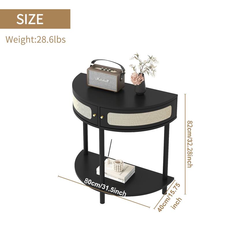 Unique Half Moon Design End Table ,Elegant Semicircle Sofa Side Table with 2 Rattan Storage Cabinet and Bottom Shelf