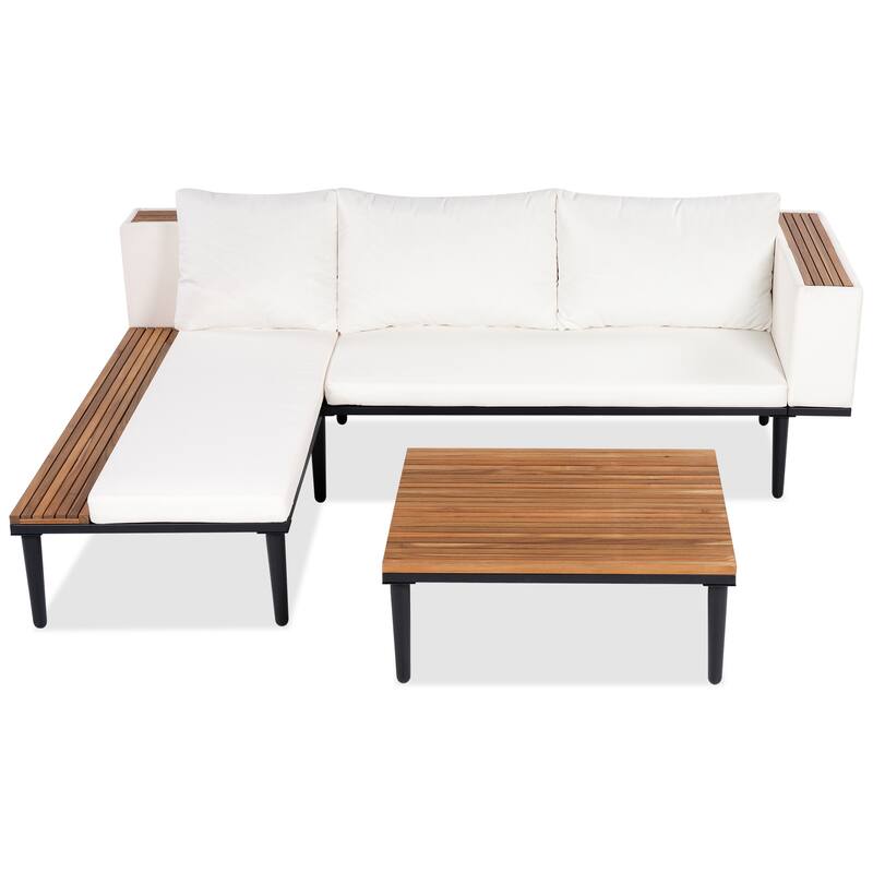89.4" Outdoor Patio L-Shaped Acacia Wood Sectional Sofa Set with Coffee Table and Side Table