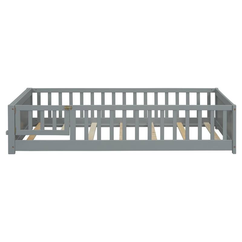 Twin Size Wood Platform Bed with Built-in Book Storage Rack and Door