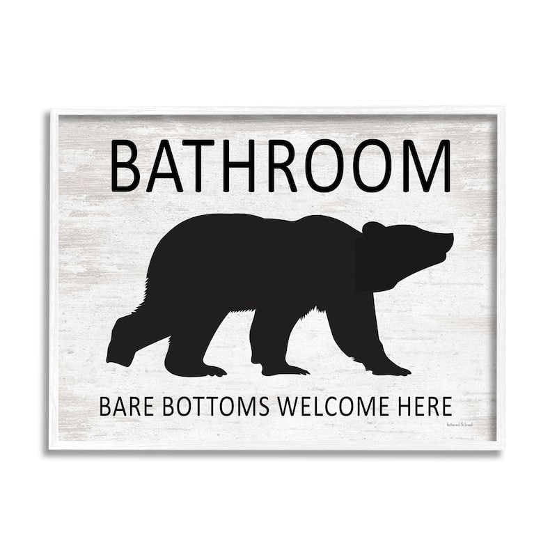 Stupell Bathroom Bare Bottoms Welcome Here Funny Rustic Bear Framed Wall Art - Off-White - 20 x 16 - White
