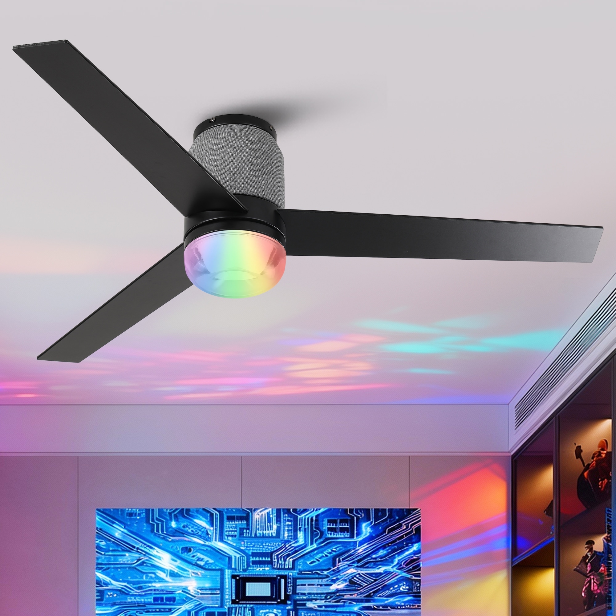 52" Modern Black Flush Mount LED Smart Ceiling Fan with RGB Light and Remote, App Control