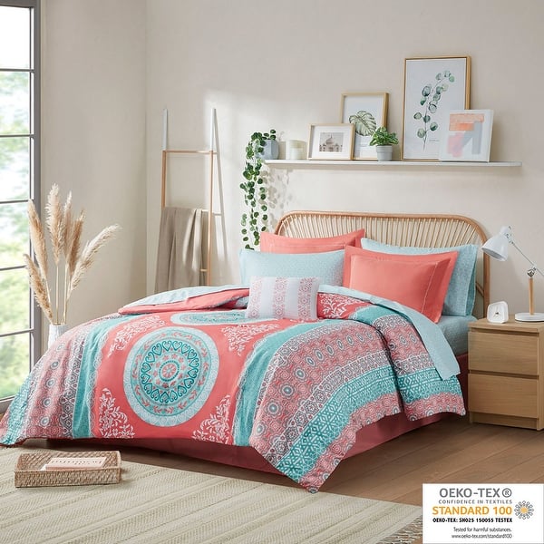 slide 2 of 4, Loretta Boho Comforter Set with Bed Sheets Coral
