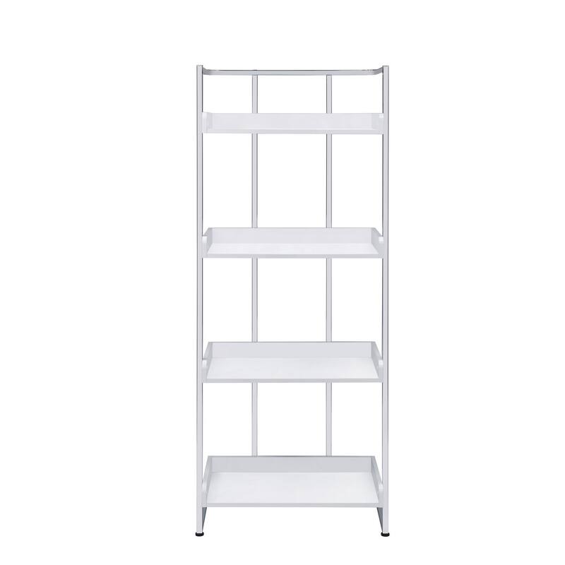 68 Inch Modern Bookcase, 4 Glossy White Tray Shelves, Chrome Steel Frame