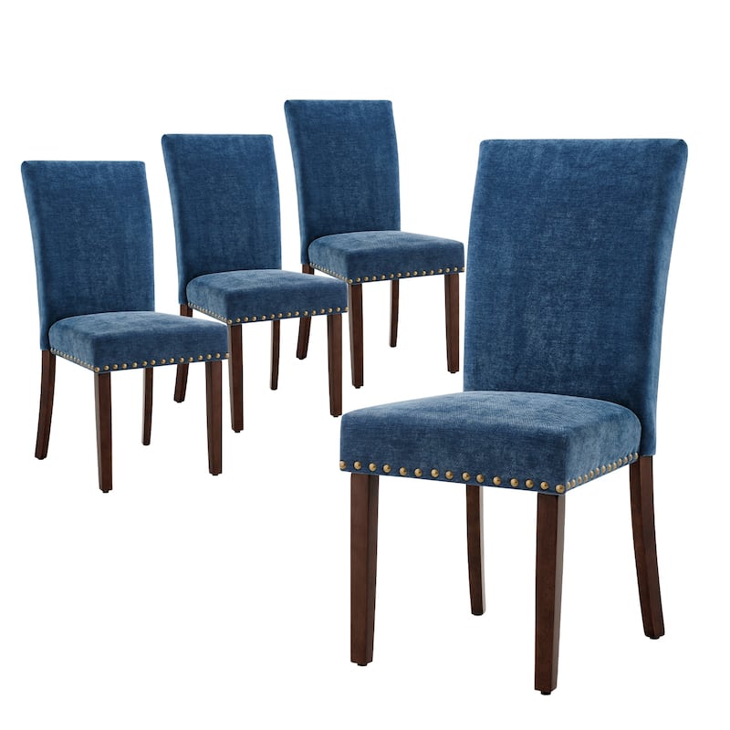 Upholstered Parsons Dining Chairs Set of 2/4/6, Fabric Dining Room Kitchen Side Chair with Nailhead Trim and Wood Legs - Set of 4 - F-DarkBlue