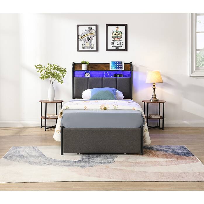 Platform Storage Bed Frame with 2 Drawers and Upholstered Headboard Built-in Charging Station, Smart LED Lights Bed Frame