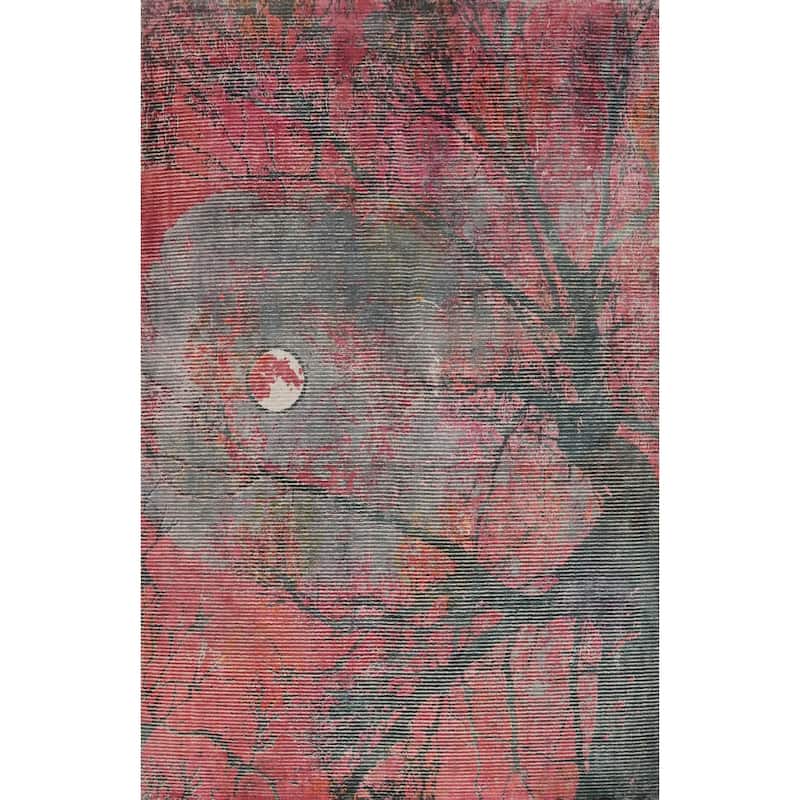 Hand Knotted Oriental Viscose Silk Carpet Modern Pictorial Pink Abstract Area Rug - 7' 7'' X 5' 6''