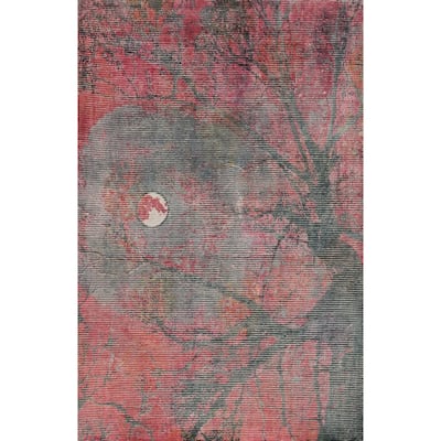 Hand Knotted Oriental Viscose Silk Carpet Modern Pictorial Pink Abstract Area Rug - 7' 7'' X 5' 6''