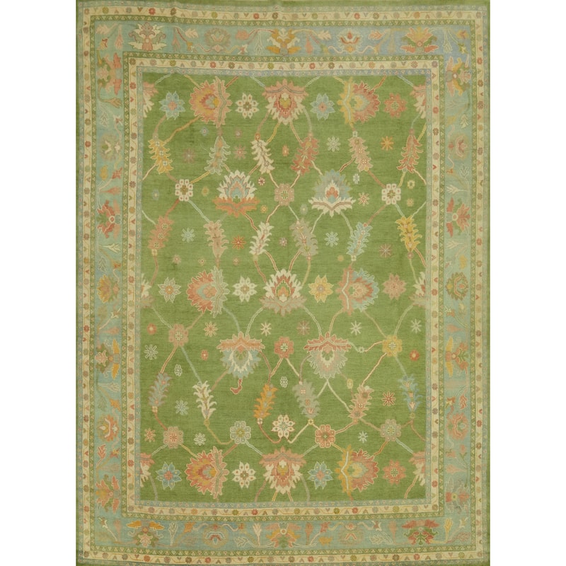 Floral Green Oushak Vegetable Dye Large Rug, Floral Geometric Carpet - 14' 10'' X 11' 10''