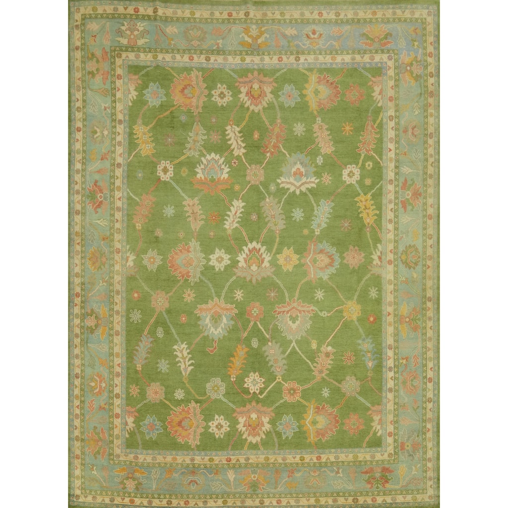 Floral Green Oushak Vegetable Dye Large Rug, Floral Geometric Carpet - 14' 10'' X 11' 10''