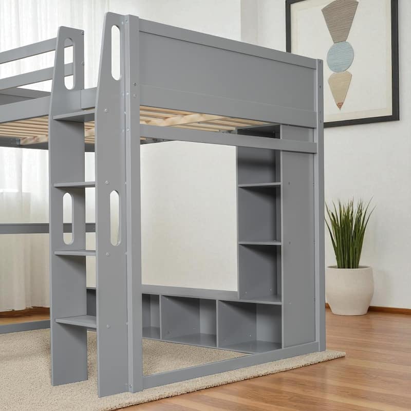 Twin/Full Size Gray Gaming Loft Bed with Desk, Storage Cabinets, LED Lighting & Hanging Clothes Rack