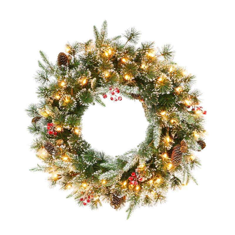 Pre-Lit Flocked Pine Cones and Berries Christmas Wreath, 24-Inch, Clear Lights