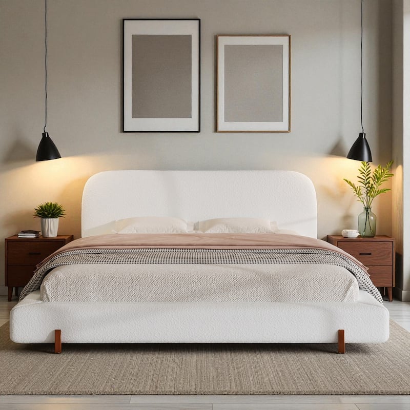 Modern Upholstered Bed Frame with 4-Inch Thick Panels, Fabric Design and Solid Rubberwood Legs, California King/King - White - California King