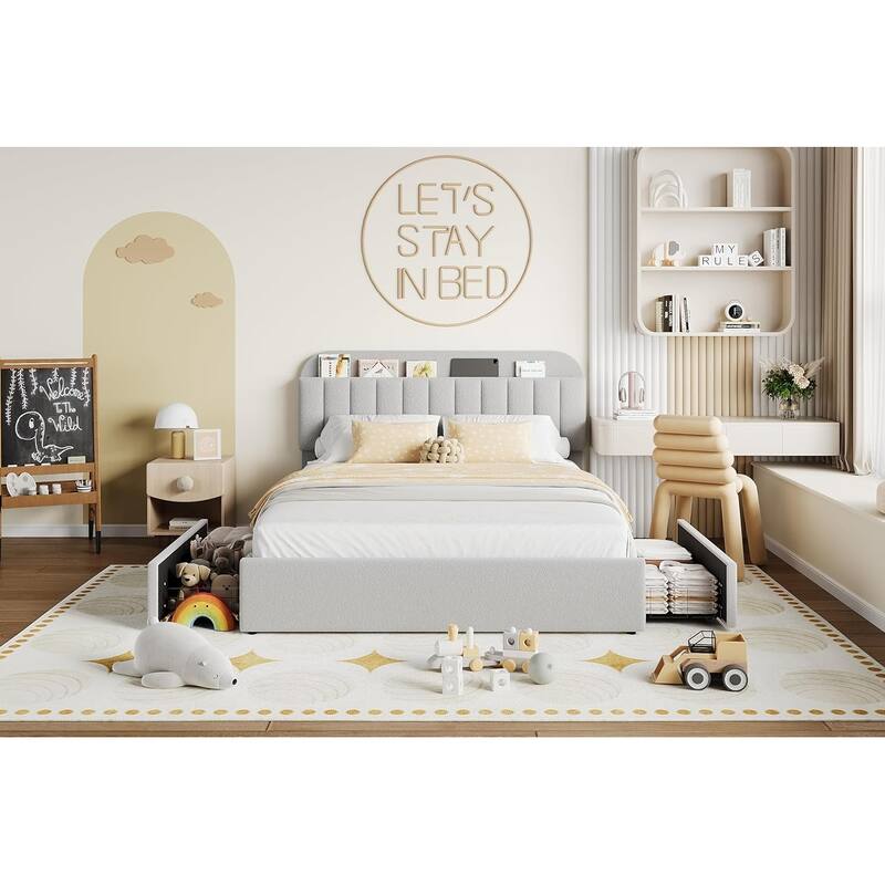 Bed Frame with 2 Drawers, Boucle Upholstered - Grey - Full