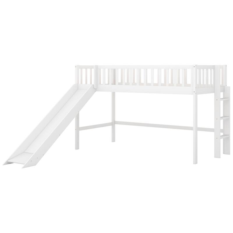 Low Loft Bed Kids Bed with Slide for Boys Girls, Loft Bed Toddler Bed with Ladder and Safety Guardrail Wood Slat Support
