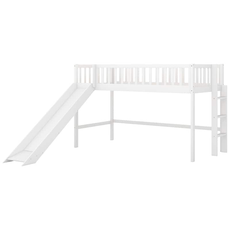 White Twin Wood Low Loft Bed with Slide