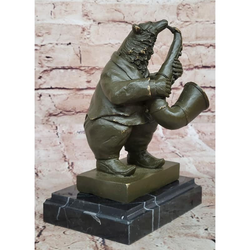 Bear Playing Saxophone Bronze Sculpture - Whimsical Animal Music Art