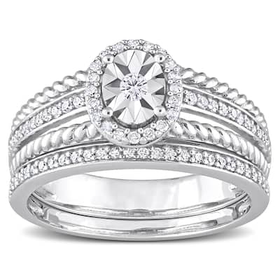 Miadora 1/3ct TDW Diamond Oval Halo Bridal Ring Set in Sterling Silver