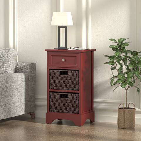 End Table, Accent Cabinet,1 Drawer&2 Baskets,Entrance/Bedroom,Red