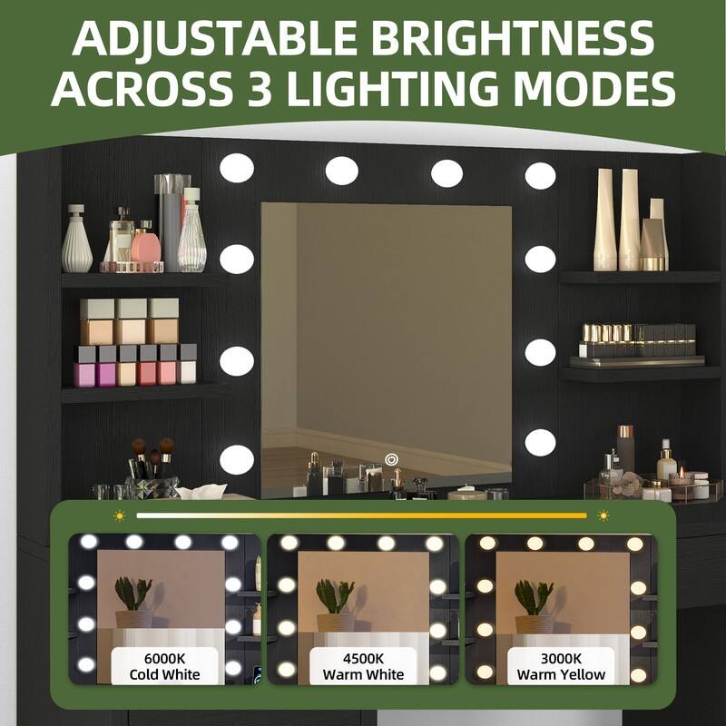 Moasis Makeup Vanity Desk with Mirror & 10 Lights,Makeup Table with 4 Drawers and 8 Open Storage Shelves