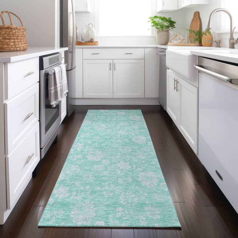 Machine Washable Indoor/ Outdoor Chantille Floral Farmhouse Rug - Aqua - 2'3" x 7'6"