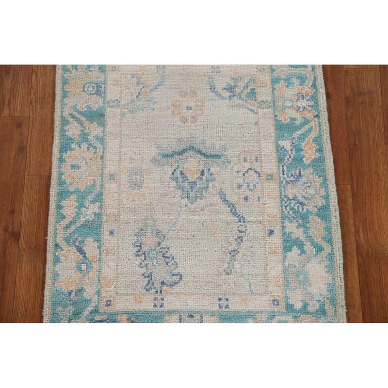 Hand Knotted Oriental 100% Wool Carpet Transitional Geometric Green Oushak Area Rug - 2' 11'' X 1' 11''