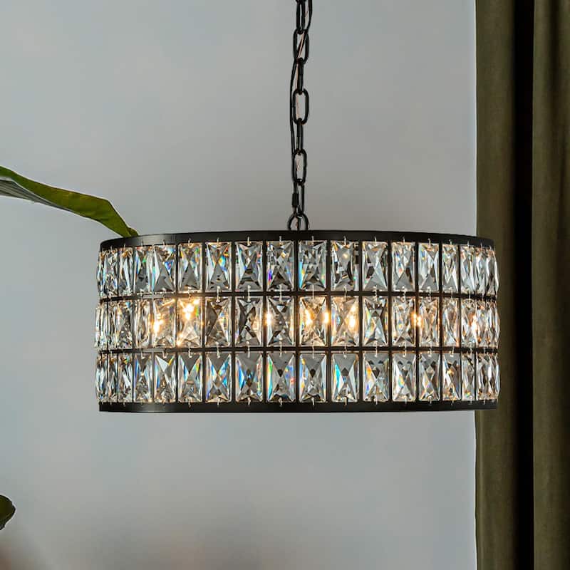 20'' Modern Crystal Chandelier Matte Black Finish 6-Light Round Drum Pendant Light Fixture for Dining Room Kitchen - W20'' - W20'' - Matte Black