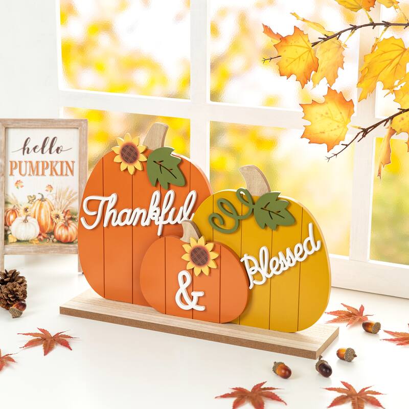 Glitzhome 16"L Fall Thanksgiving Wooden Pumpkins Table Decor