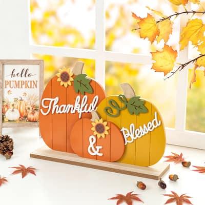 Glitzhome 16"L Fall Thanksgiving Wooden Pumpkins Table Decor