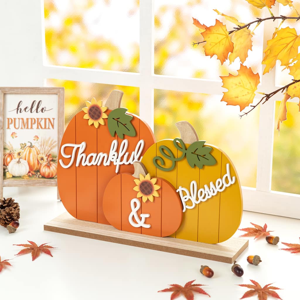 Glitzhome 16"L Fall Thanksgiving Wooden Pumpkins Table Decor