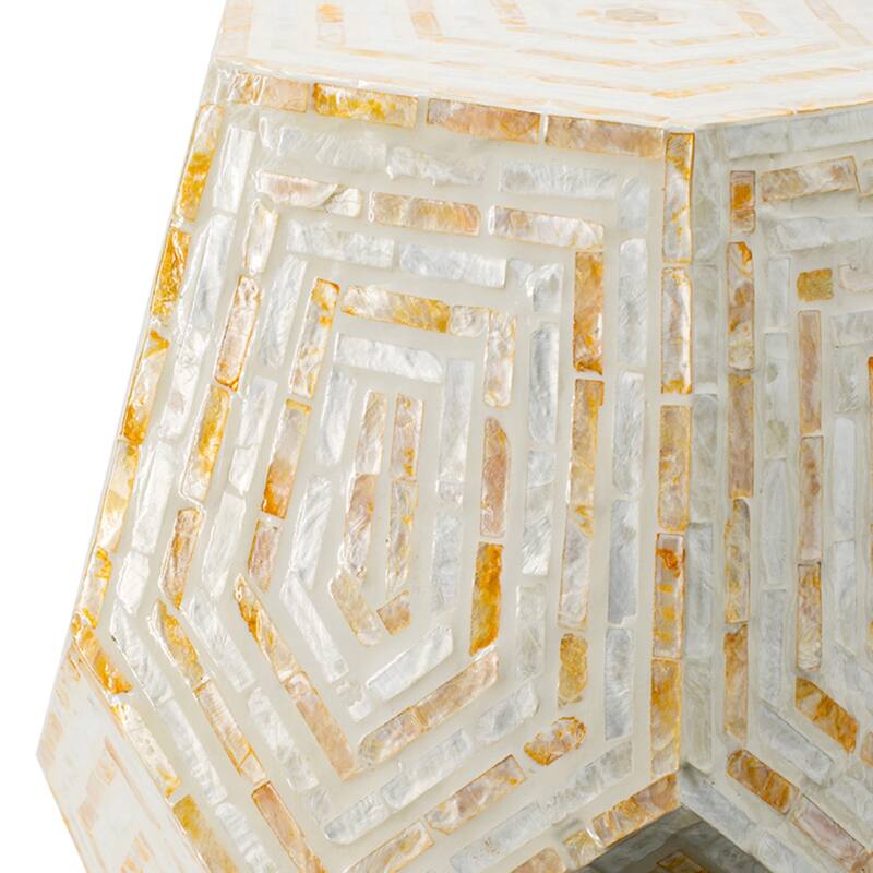 Hexagonal Capiz Shell Inlay Accent Stool - 21" - Cream and Beige