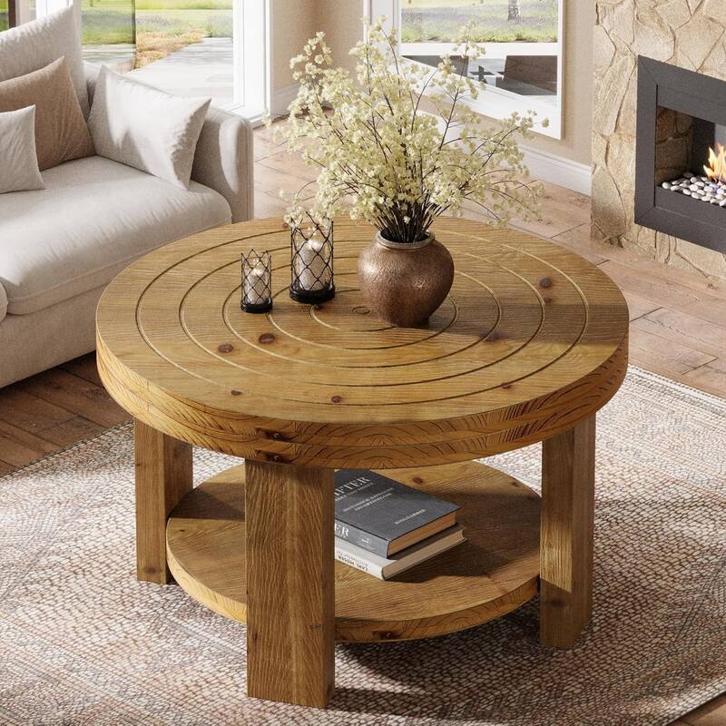 Solid Wood Round Coffee Table Entertainment Center Table for Living - Brown