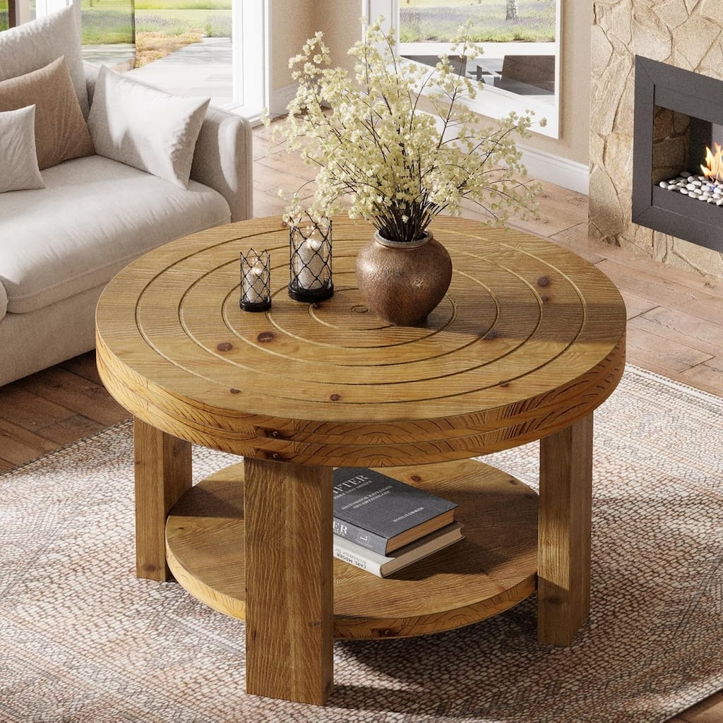 Solid Wood Round Coffee Table Entertainment Center Table for Living