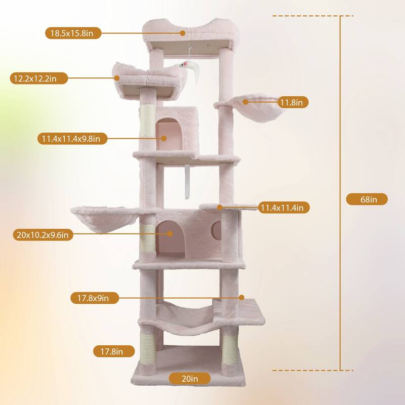 68in Tall Multi-Level Cat Tree with Hammocks, Hanging Basket, Cat Cave, Removeable Cushion, Scratching Posts