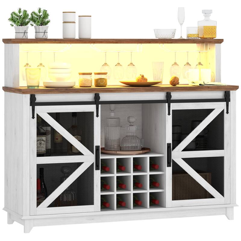 55" Farmhouse Coffee Bar, Wine Bar Cabinet Storage Sideboard with Barn Doors