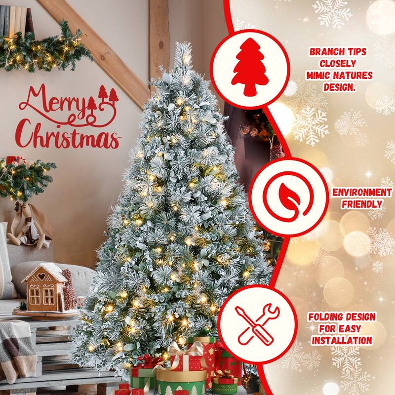 4FT Flocked Hinged Branches Christmas Tree with Pine Needles & Eucalyptus Leaves & Metal Stand